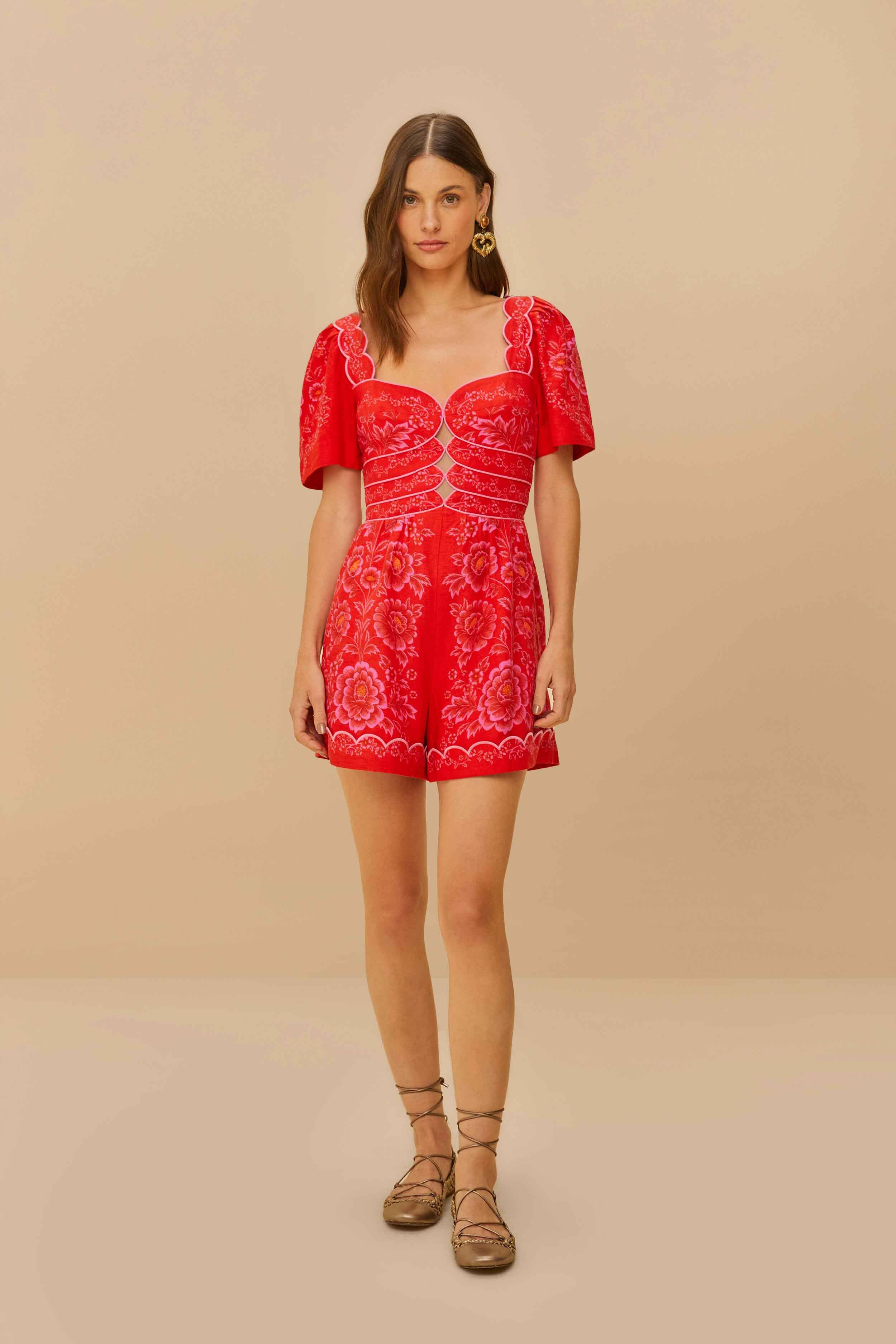 Red Olivia Cut-Out Lenzing™ Ecovero™ Euroflax™ Romper | FarmRio (US)