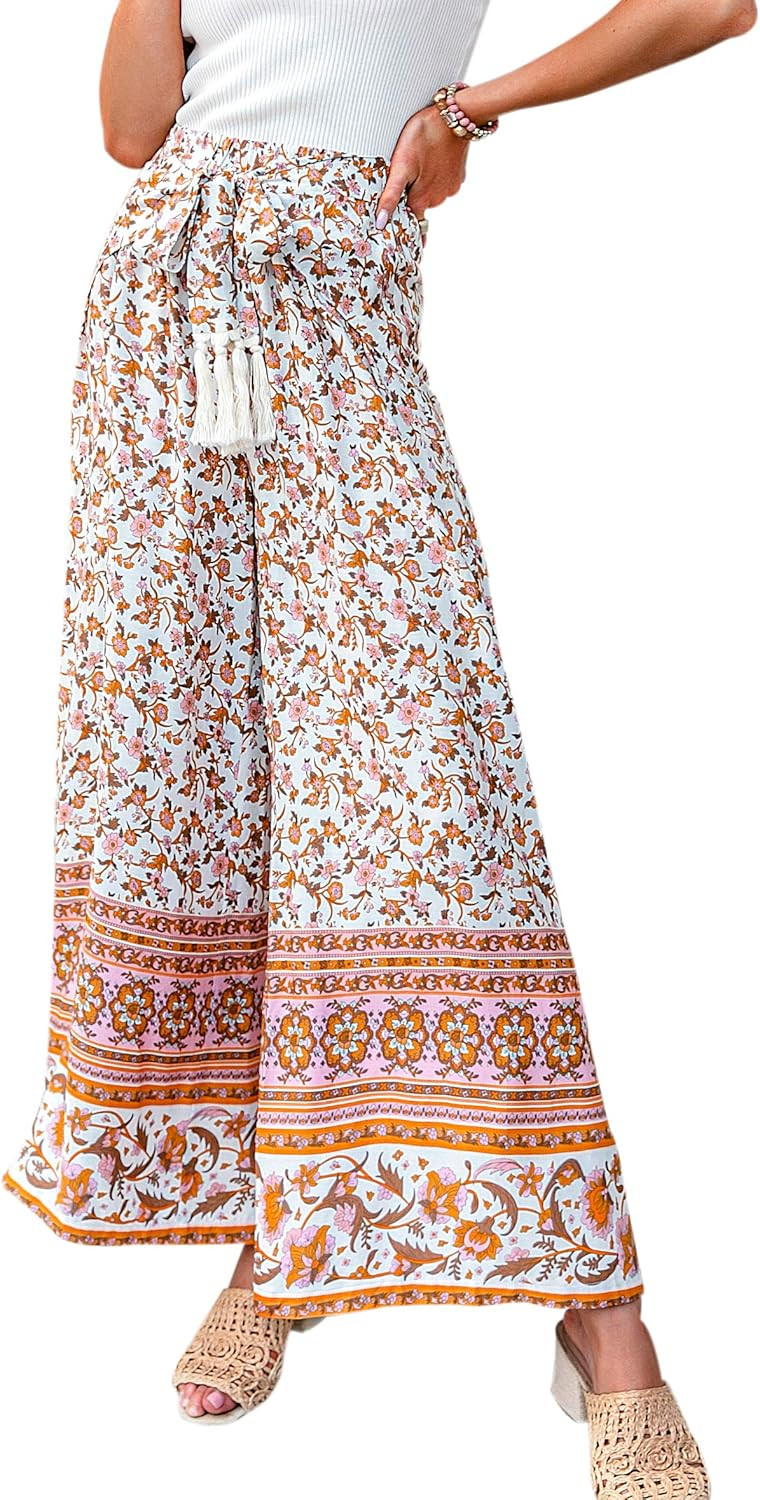 Miessial Women's Summer Boho Tie Waist Pants Loose Wide Leg Beach Hippie Pants with Tassel | Amazon (US)