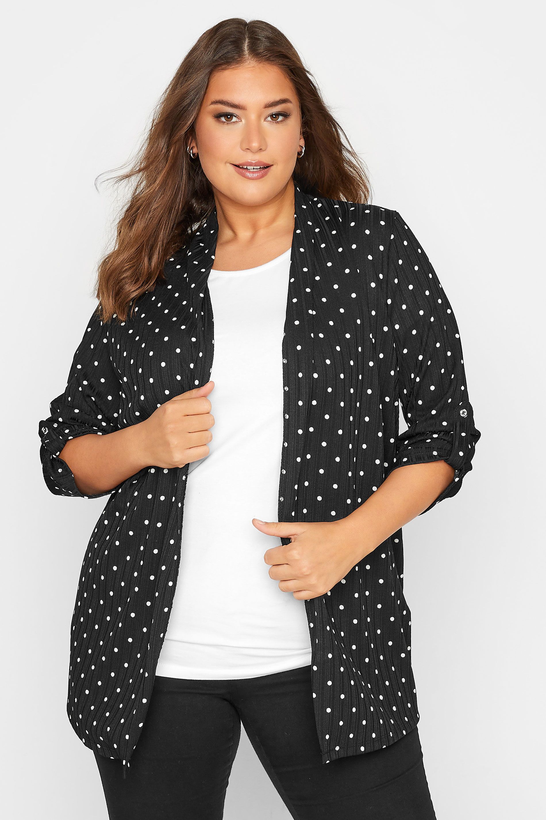Plus Size Black Polka Dot Print Ribbed Cardigan | Yours Clothing UK