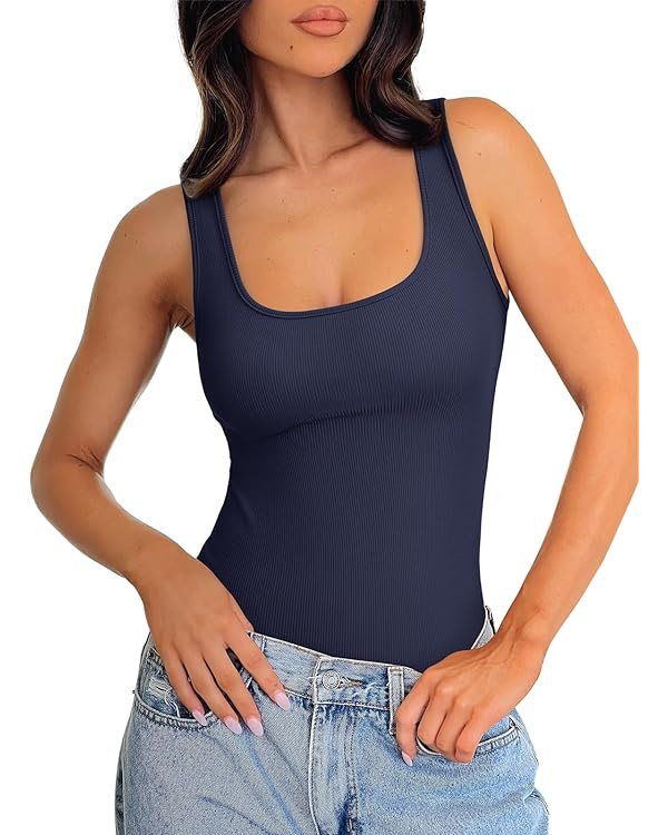 REORIA Body Suits Tank Top for Women Scoop Neck Sleeveless Ribbed Sexy Slimming Bodysuit Tops 202... | Amazon (US)