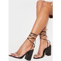Black Wide Fit Block Heel Ankle Tie Strappy Sandal | PrettyLittleThing US