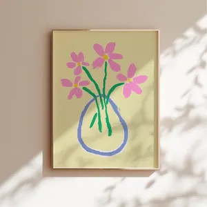 Playful Pink Flower Wall Art Bold Minimalist Print Modern Abstract Yellow Floral Kids Room Nurser... | Etsy (Global)