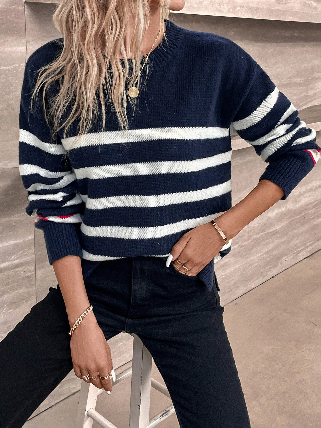 Striped Pattern Drop Shoulder Sweater | SHEIN