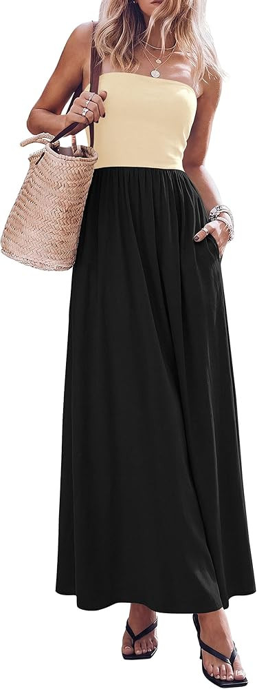 PRETTYGARDEN Women's 2026 Spring Strapless Maxi Dresses Patchwork Long Flowy Pockets Elegant Goin... | Amazon (CA)