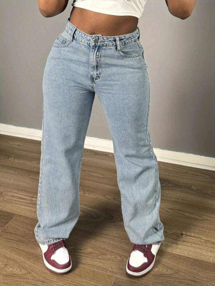 Chicsale Women's Straight Leg Denim Pants - Elegant Wide Leg Floor-Length Jeans With Button & Zipper, Relaxed Fit Casual Trousers For Everyday Outings | SHEIN