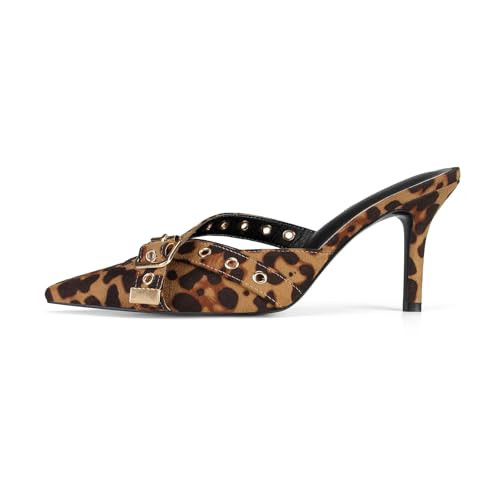 Dsevht Leopard Print Kitten Heels for Women Pointed Closed Toe Heels Dressy Bow Heels Vintage Heels Mules Sexy Pointy Studded Heels Slip on Stiletto Heels Pumps | Amazon (US)