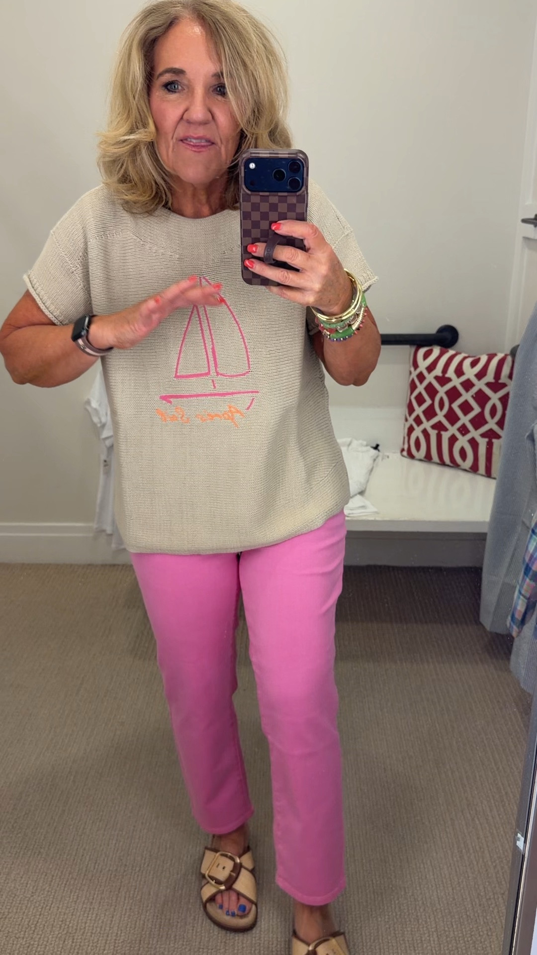 Talbots new arrivals! Sizes below 
Pink jeans 6 reg 
Gingham shirt medium 
Brown white stripe top wearing an XS but need a small 
Brown linen pants 8 petite 
Brown sweater medium reg
Brown blazer 10 petite
Tam white floral pants 8 petite 
White crochet sweater large 
Seersucker pants 8 petite 
Seersucker blazer 10 petite 
Tan sailboat sweater large 
Plaid shorts 8 petite
Navy dress 6 reg (my usual size at Talbots) 
Pink floral linen dress wearing a 6 I need the 8 so I’d say size up in this one 
Short sleeve linen jacket medium petite 
Satin stripe pants wearing a small reg need a medium reg so I’d say size up 
Plaid blazer 10 petite unlined very unstructured but love it 
White jeans nice weight and stretch size 8 petite 
Blue linen wearing a medium but I’d say size down as it was too big 

#LTKSaleAlert #LTKOver40 #LTKWorkwear