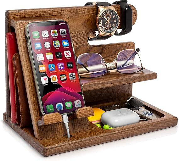 TESLYAR Wood Phone Docking Station Ash Key Holder Wallet Stand Watch Organizer Men Christmas Gift... | Amazon (US)