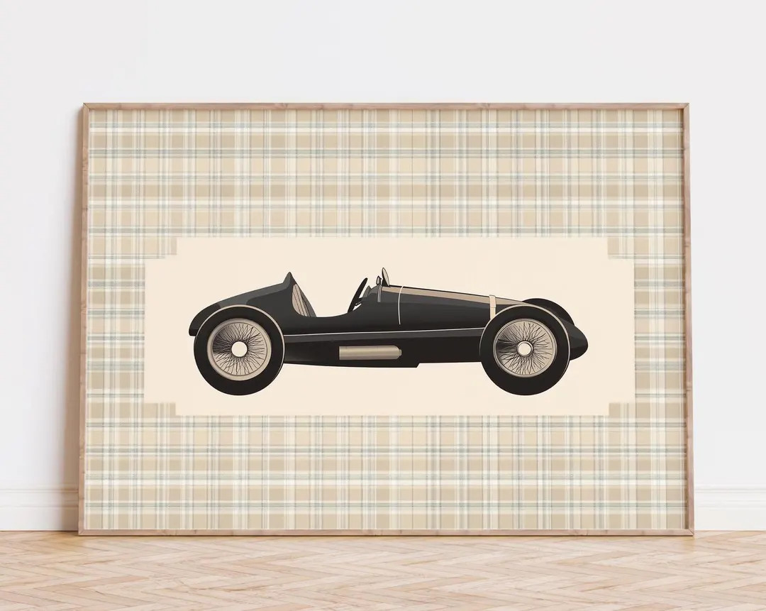 Vintage Car Digital Art Print for Kids Room, Plaid Nursery Wall Art, Classic Car Decor, Perfect f... | Etsy (US)