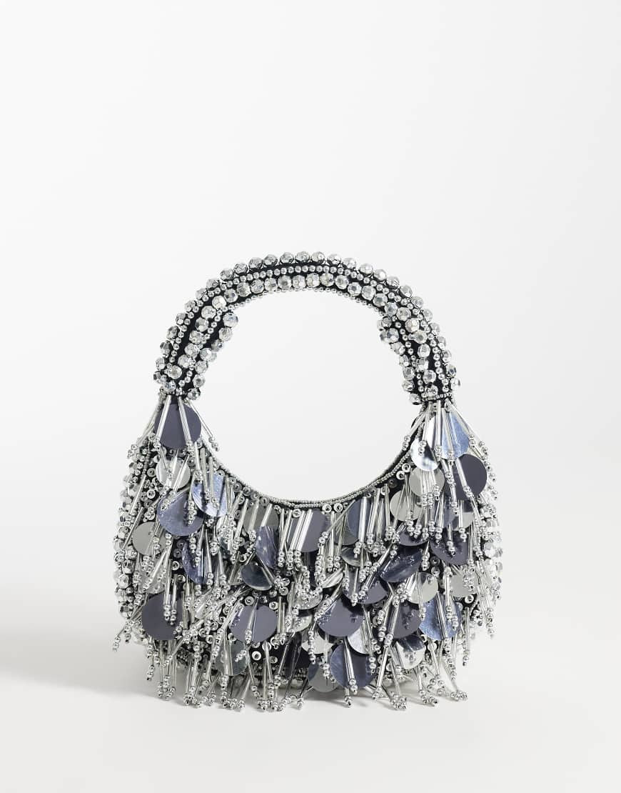 ASOS DESIGN embellished scoop sequin and bead bag in silver | ASOS (Global)