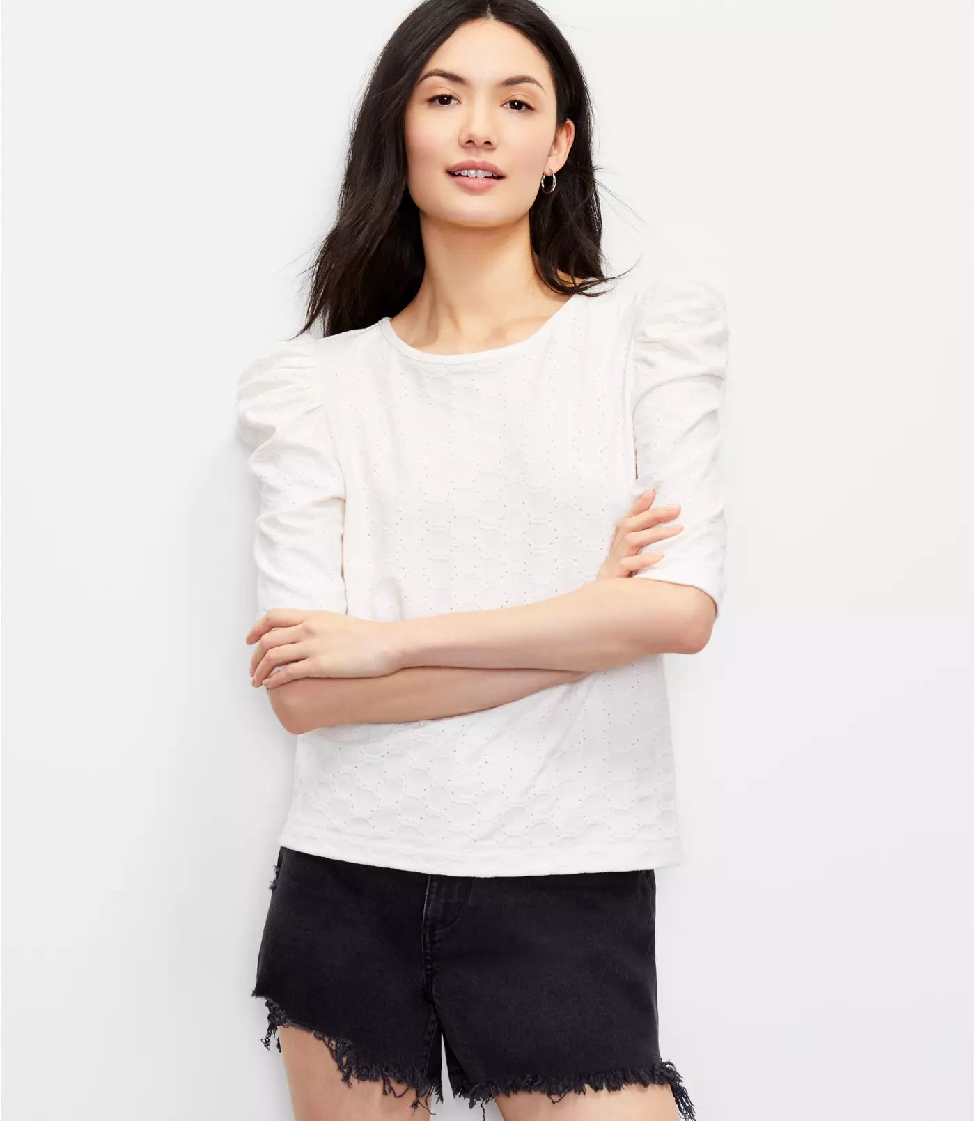 Eyelet Puff Sleeve Tee | LOFT