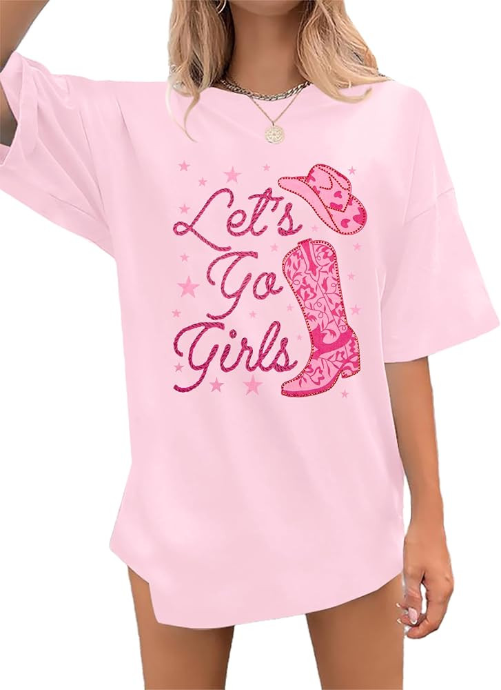 Oversized Western Cowgirl Shirts for Women Let's Go Girls Shirt Country Music Tee Hat Boots Short... | Amazon (US)