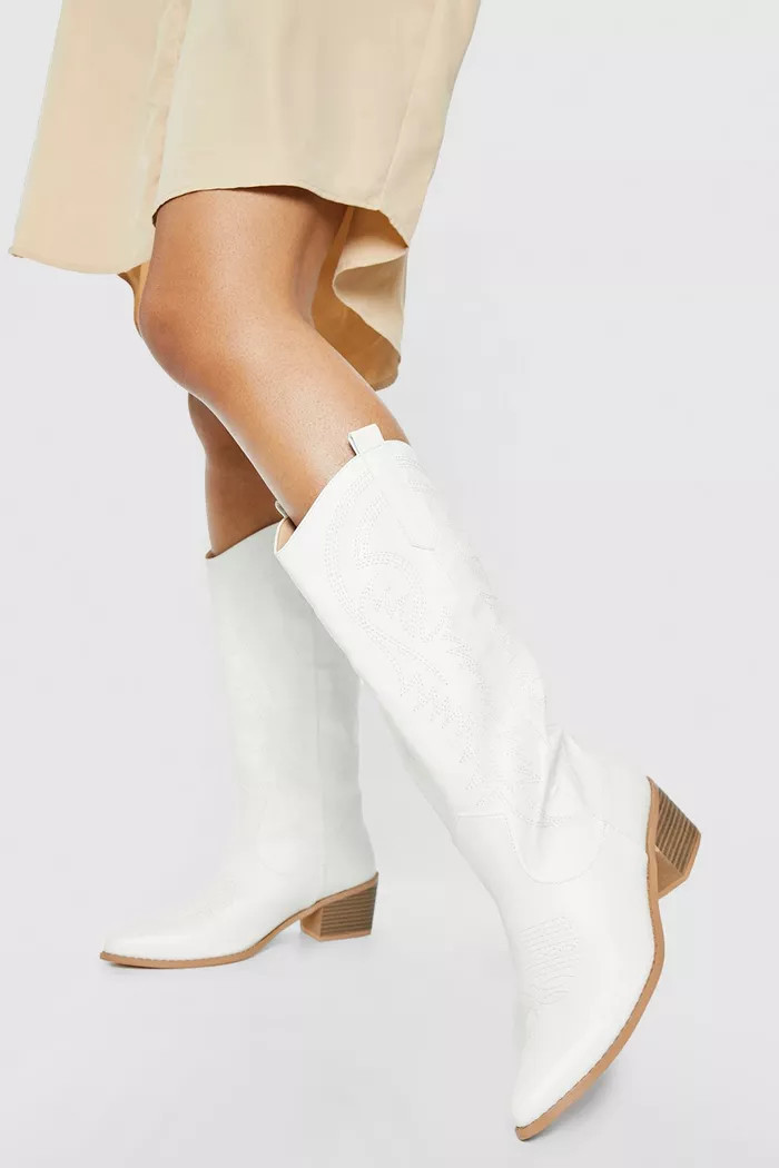 Calf Detail Embroidered Western Cowboy Boots | Boohoo.com (UK & IE)