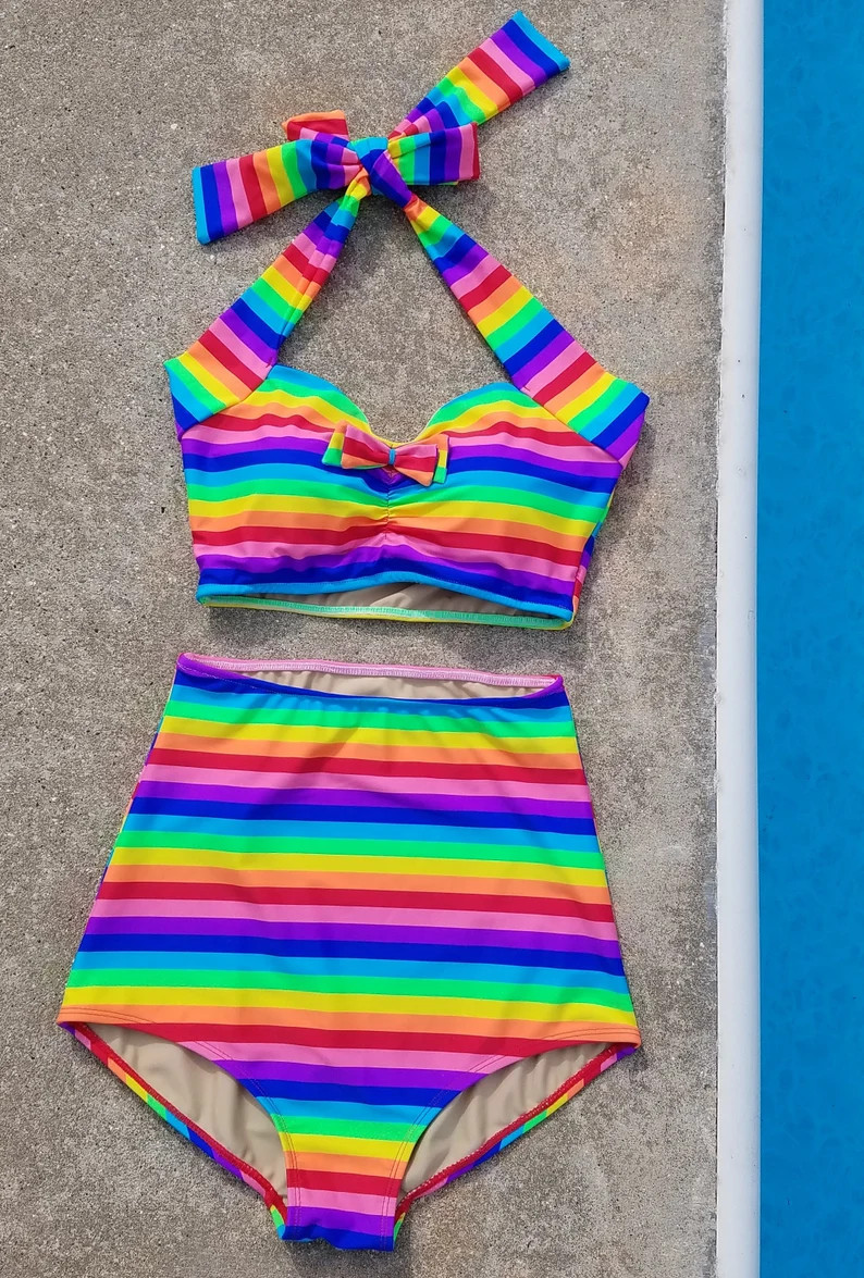 Rainbow stripe Retro Pin up bikini Two piece swimsuit size S-XL | Etsy (US)