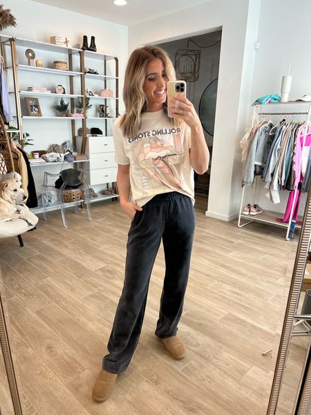 Literally LOVE these sweatpants so much that I ordered another color! Wearing size 4. Graphic tee runs big, in xs. Slippers run tts and are an Amazon find designer inspired pair 

#LTKstyletip #LTKshoecrush #LTKunder100