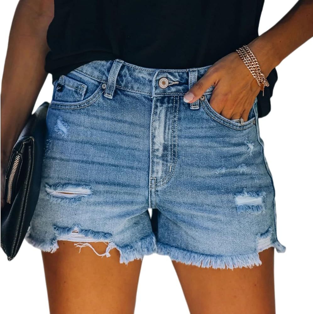 Jean Shorts for Women High Waisted Casual Summer Stretchy Denim Shorts Frayed Raw Hem Ripped Dist... | Amazon (US)