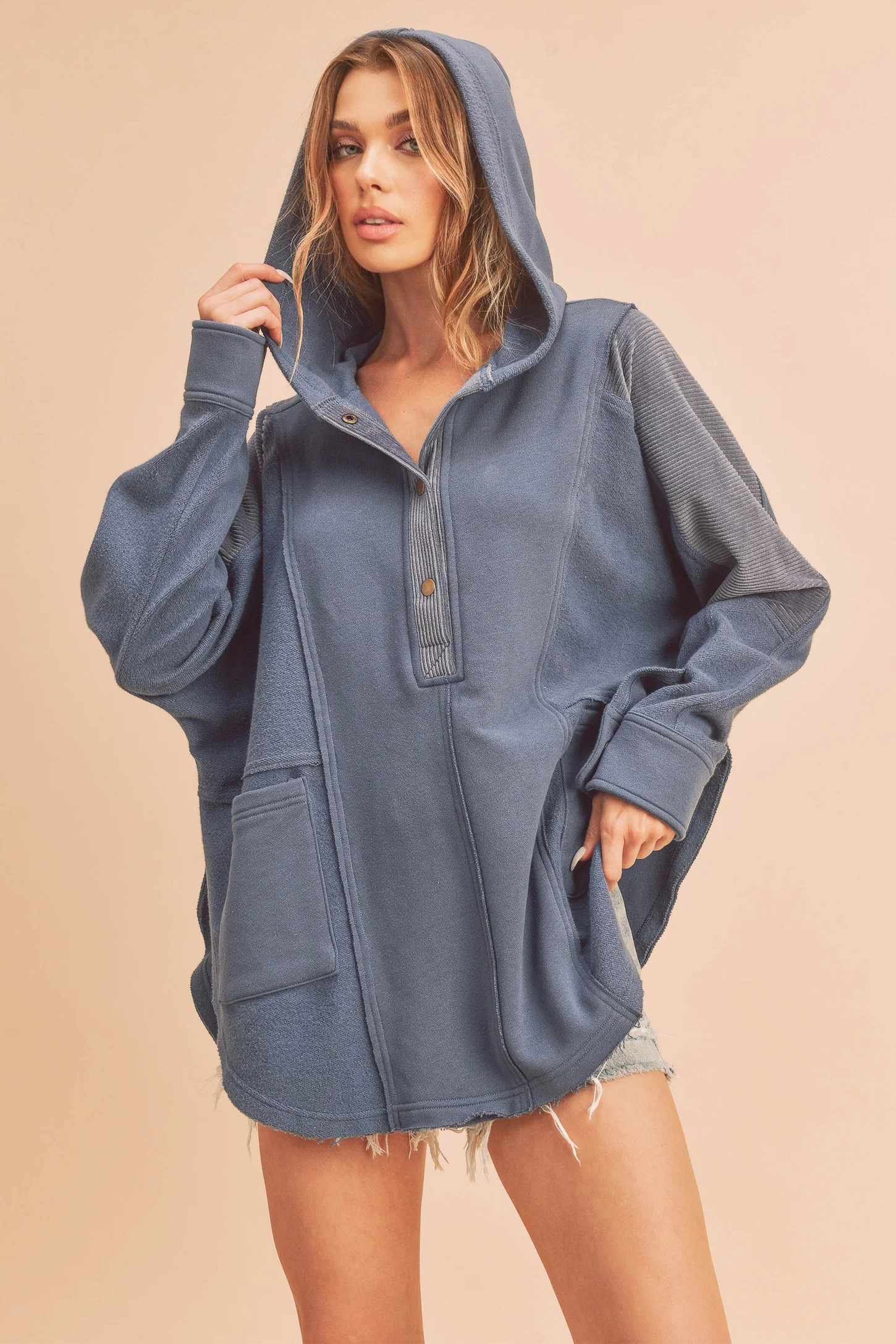 Blue Corduroy Contrast Oversized Hoodie | PinkBlush Maternity