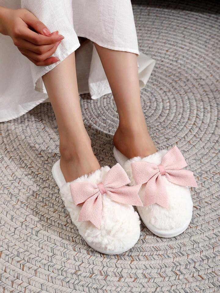 Butterfly Knot Women's Winter Slippers, Lovely Indoor Plush Non-slip Floor Warm Couples Home Slip... | SHEIN