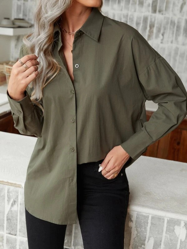 Button Back Drop Shoulder Blouse | SHEIN