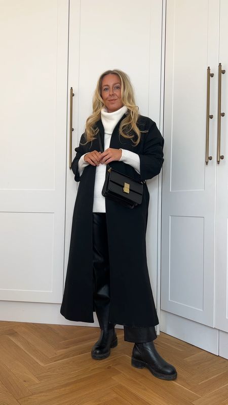 Black wool coat, chunky white knit jumper, leather trousers, chunky boots, really casual everyday outfit 

#LTKstyletip #LTKshoecrush #LTKeurope