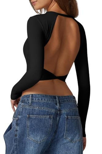 QINSEN Stylish Open Back Crop Top for Womens Long Sleeve High Stretch Bodycon Tee Shirts Black XS | Amazon (US)