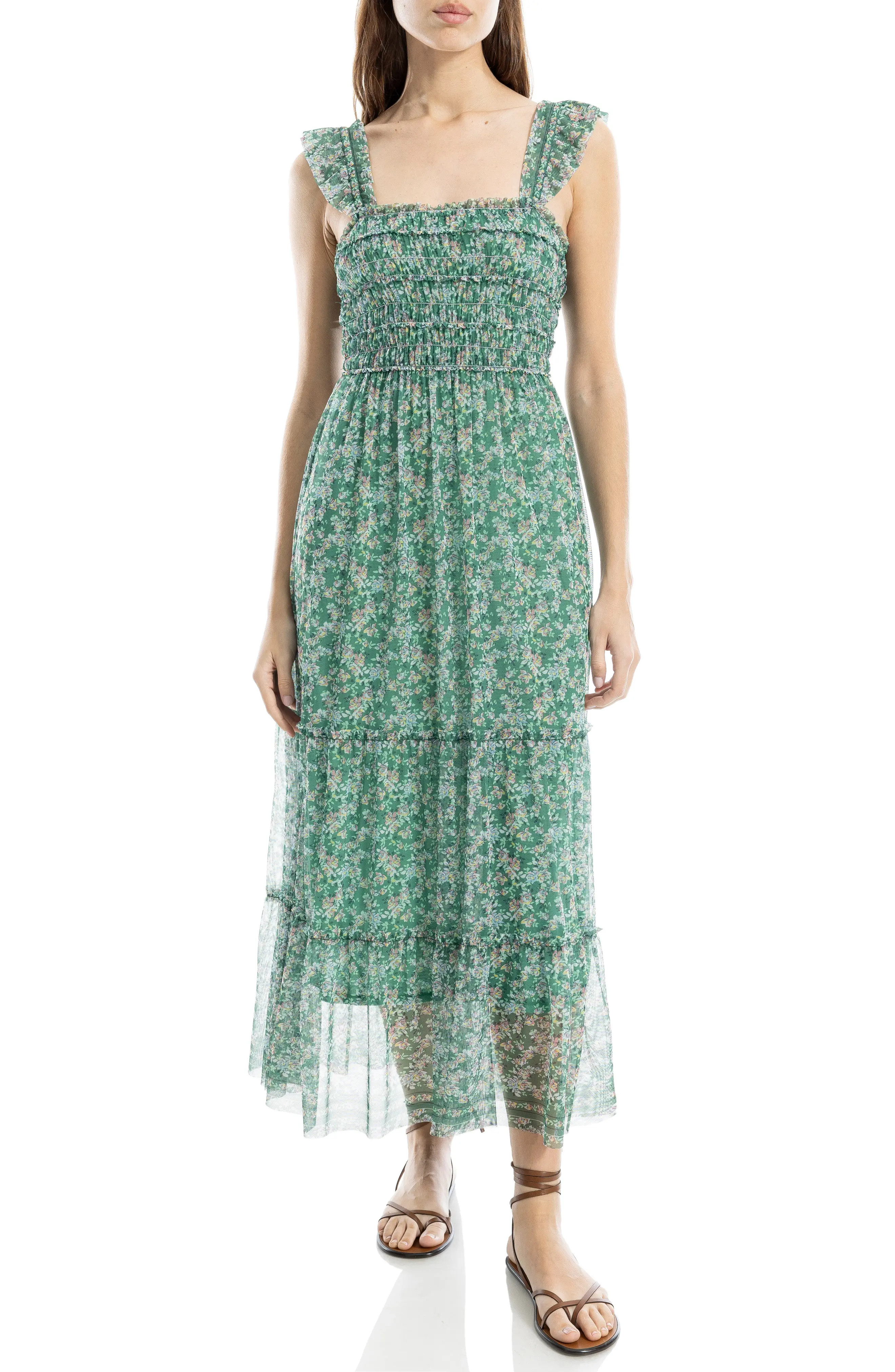 MAX STUDIO Floral Ruffle Strap Smocked Tiered Chiffon Maxi Dress (Women) | Nordstromrack | Nordstrom Rack