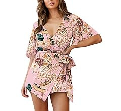 Relipop Women's Rompers V Neck Fared Short Sleeve Wrap Front Waist Tie Back Zip Solid Jumpsuit Ro... | Amazon (US)