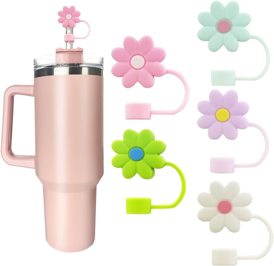 5 PCS Silicone Straw Covers Cap Compatible with Stanley 30&40 Oz Cup, 10mm Cute Flower Straw Topp... | Amazon (US)