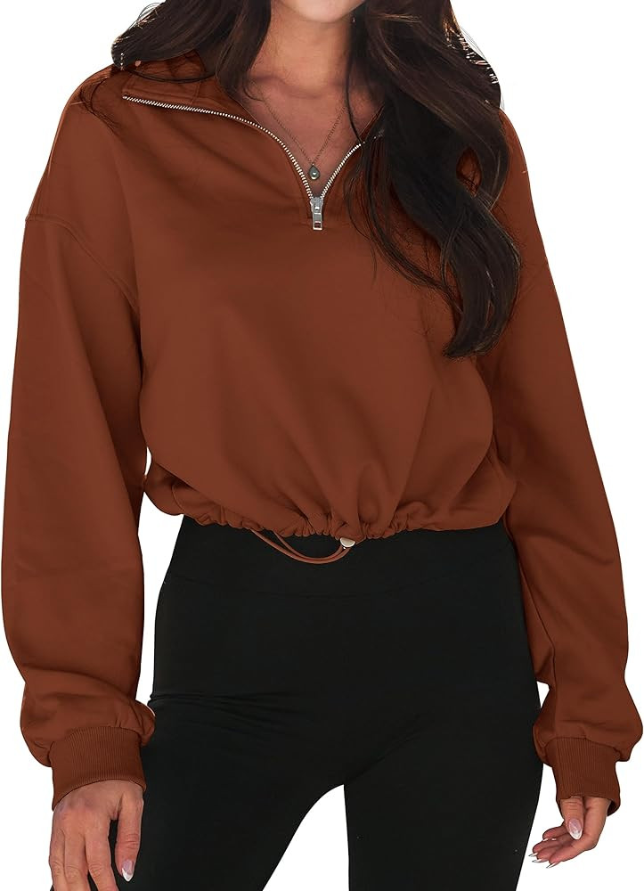MEROKEETY Women's Quarter Zip Crop Sweatshirt Long Sleeve Stand Collar Drawstring Casual Pullover... | Amazon (US)