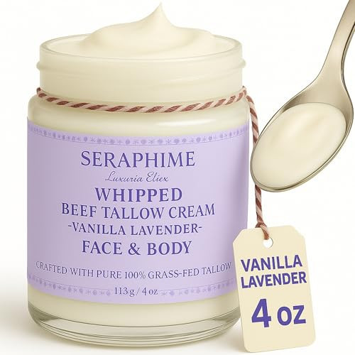 Seraphime Whipped Beef Tallow for Skin Care, Organic Pure Grass Fed Beef Tallow Moisturizer Cream for Face & Body Lotion, Cow Tallow with Niacinamide, Shea Butter & Aloe, Vanilla Lavender 4oz | Amazon (US)