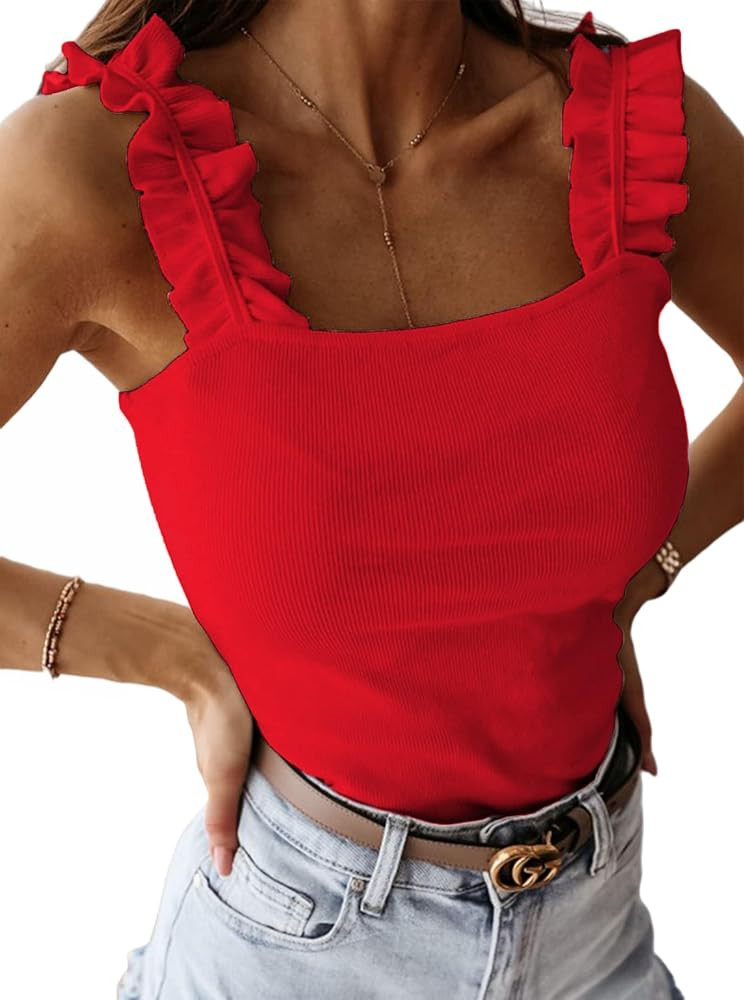 Remidoo Women's Causal Sleeveless Frill Trim Strap Ribbed Knit Cami Tank Top | Amazon (US)
