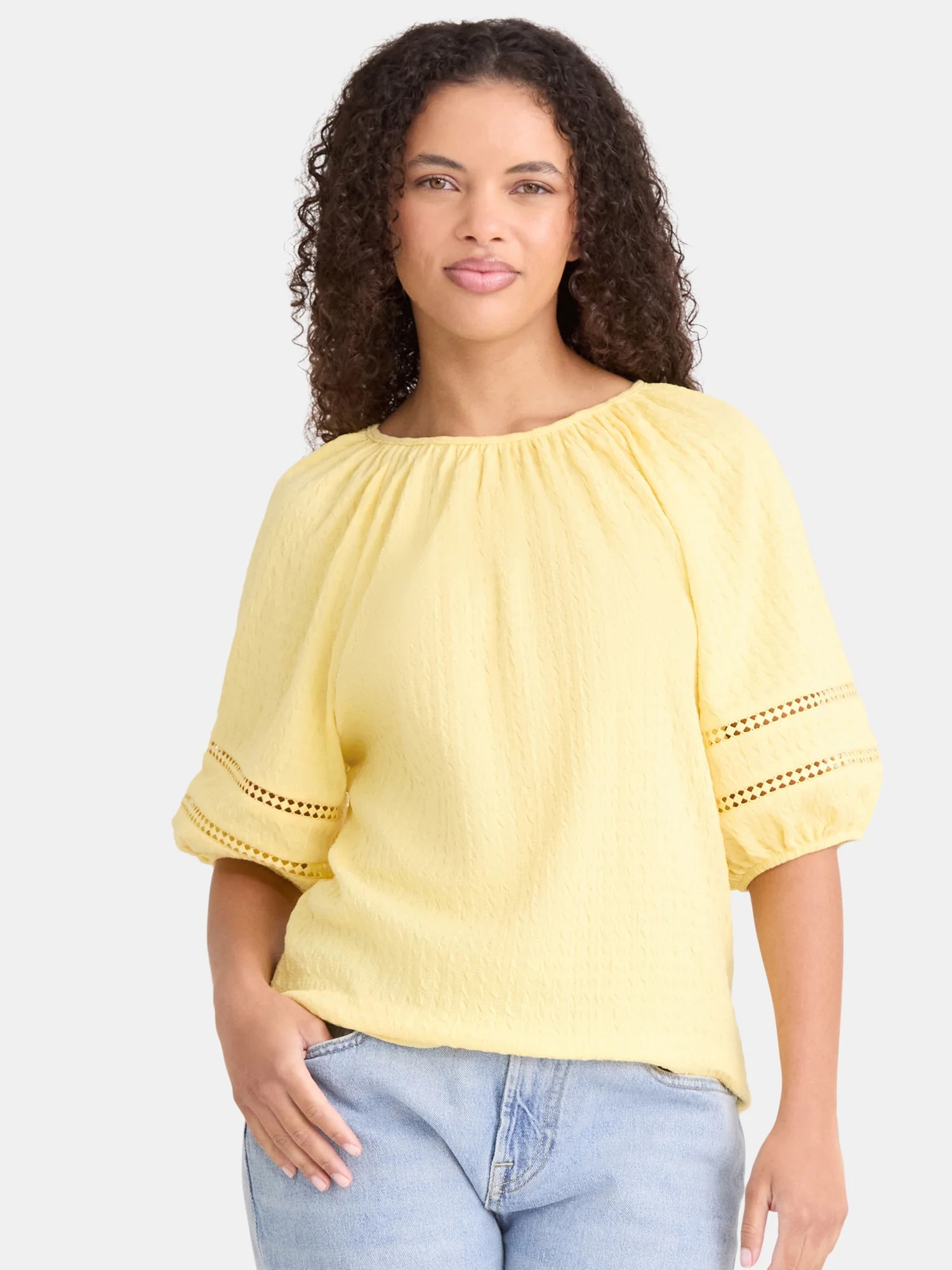 Time and Tru Women's Lace Trim Top with Puff Sleeves, Sizes XS-XXXL | Walmart (US)