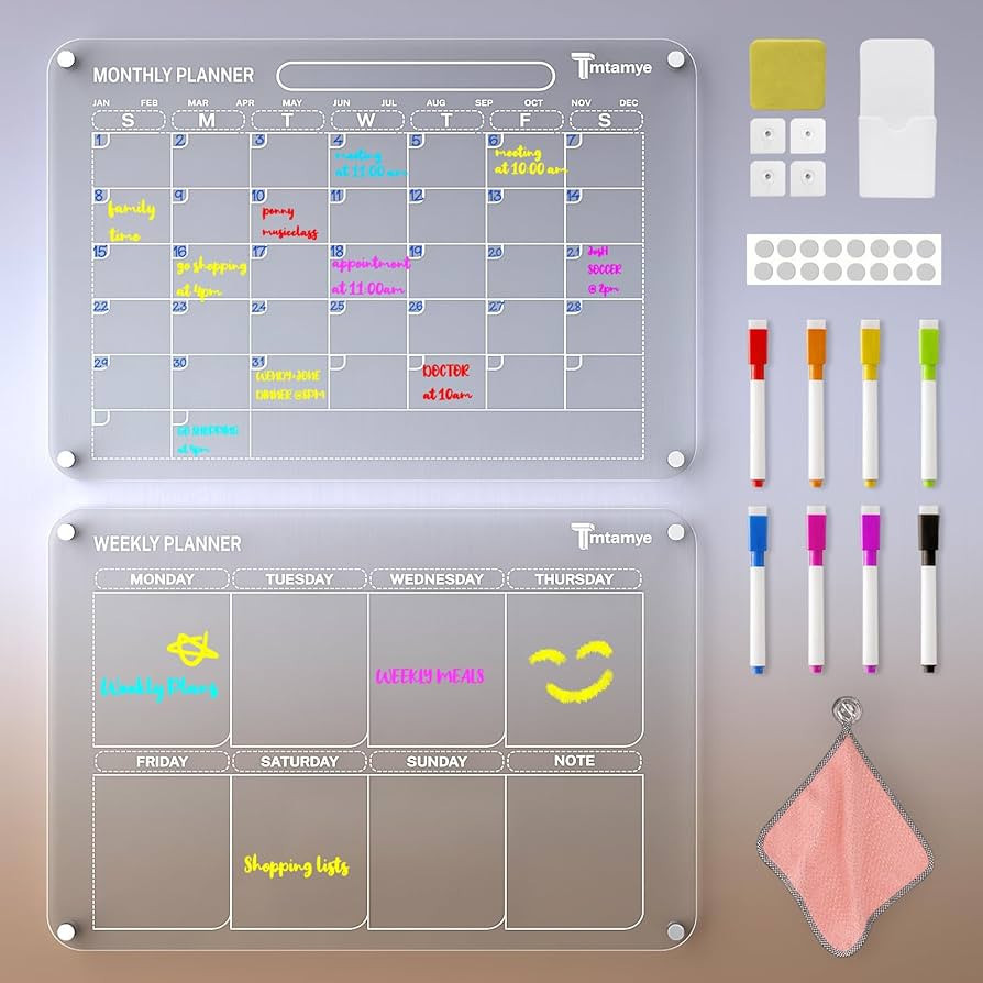 2 Pack Acrylic Magnetic Calendar for Fridge, 12"x16" Clear Dry Erase Board Reusable Planning Set,... | Amazon (US)