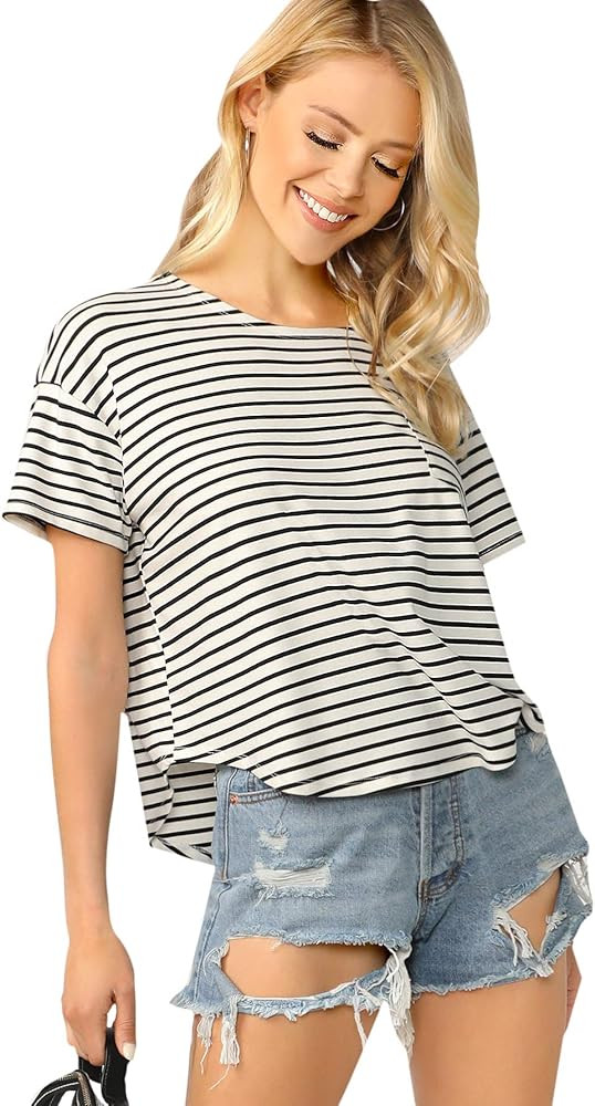 Romwe Women's Striped Short Sleeve Drop Shoulder Curved Hem Summer Tee Tops | Amazon (US)