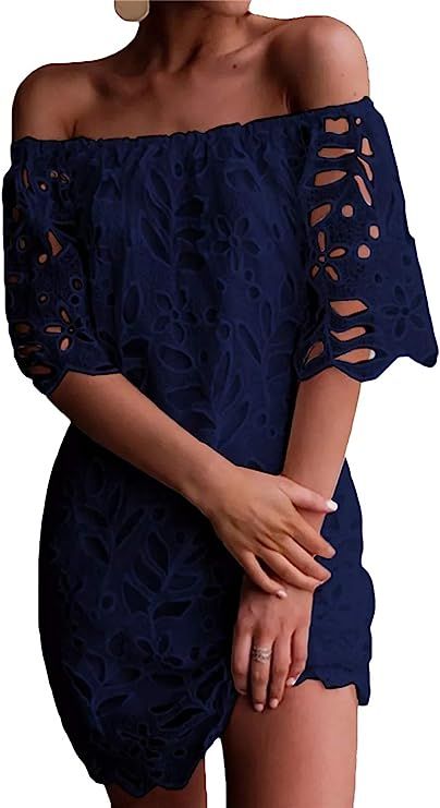 PRETTYGARDEN Women’s Sexy Off Shoulder Vintage Floral Lace Flare Short Sleeve Loose Elegant Min... | Amazon (US)