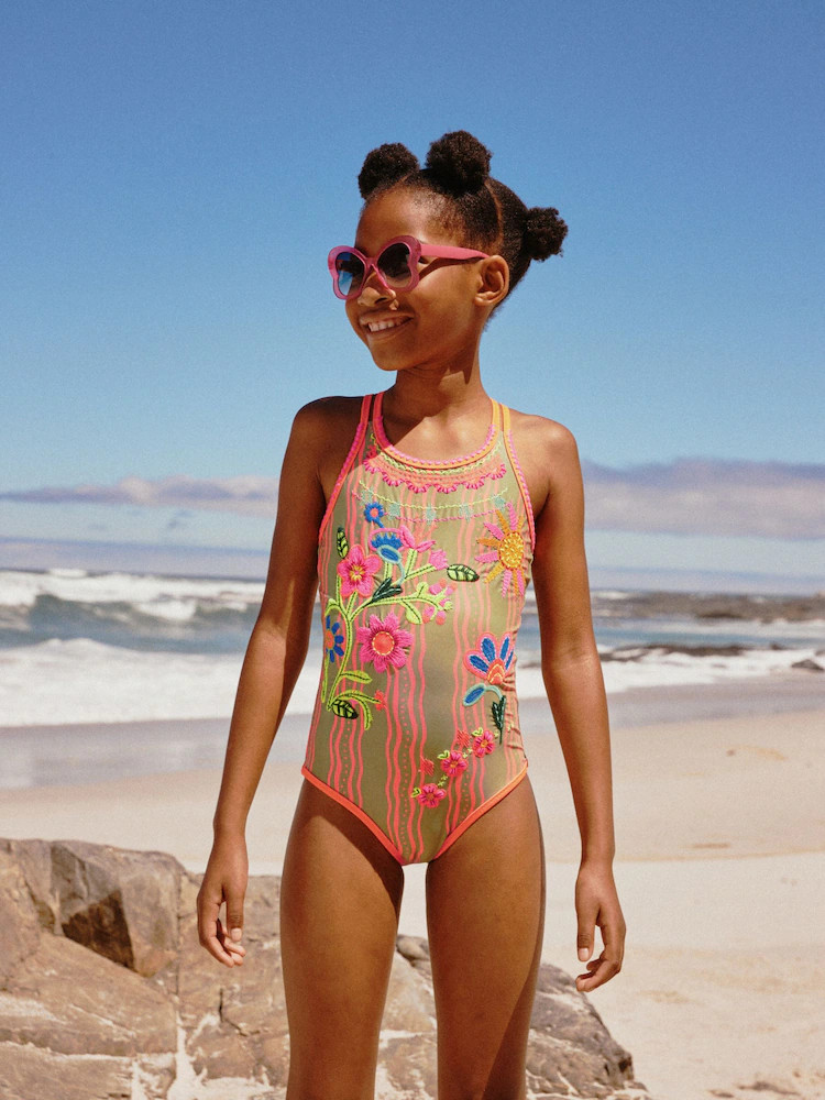 Orange Floral Embroidered Double Strap Swimsuit (3-16yrs) | Next US