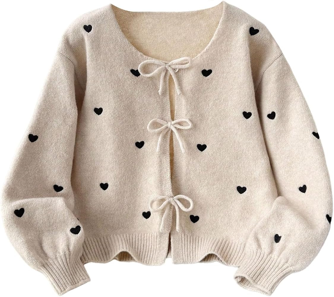 GORGLITTER Girl's Heart Sweater Cardigan Cute Valentine Outfits Bow Tie Front Long Sleeve Fall Sw... | Amazon (US)