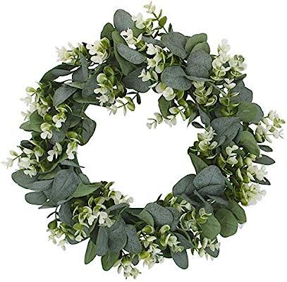 Geboor Artificial Eucalyptus Wreath with Flowers 15inch Faux Green Leaves Eucalyptus Wreath for F... | Amazon (US)