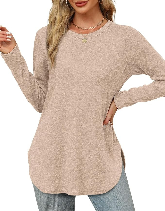 XIEERDUO Womens Long Sleeve Round Neck Shirts Side Split Basic Loose Tunic Tops Casual 2025 | Amazon (US)