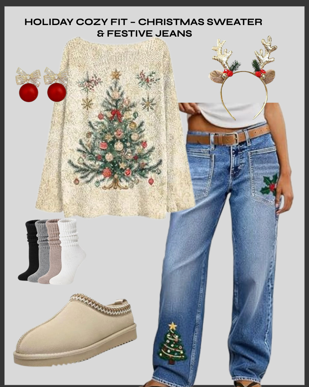 The perfect holiday outfit! Christmas sweater, festive jeans, cozy winter socks, and warm slippers for a comfortable and stylish Christmas look. Ideal for holiday gatherings, family photos, and festive events. #womensfashion #cozyoutfit #christmasoutfit #amazonmusthaves  

 #LTKgrwm #LTKootd #LTKFindsUnder50