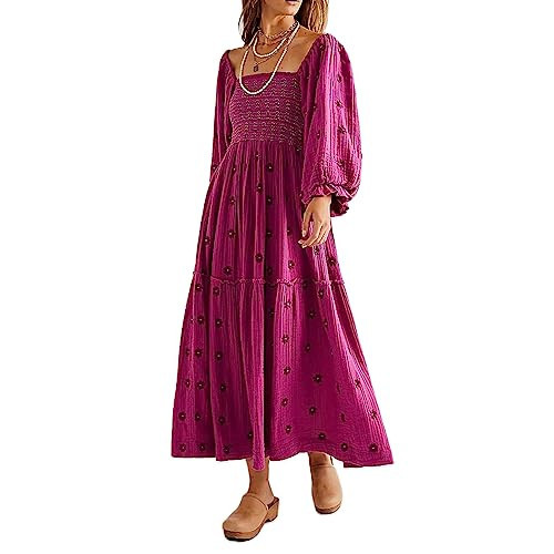 Chloefairy Women's Flower Embroidered Maxi Dress Lantern Sleeve Square Neck Tiered Flowy Spring Fall Dress (as1, Alpha, m, Regular, Regular, Rose Purple) | Amazon (US)