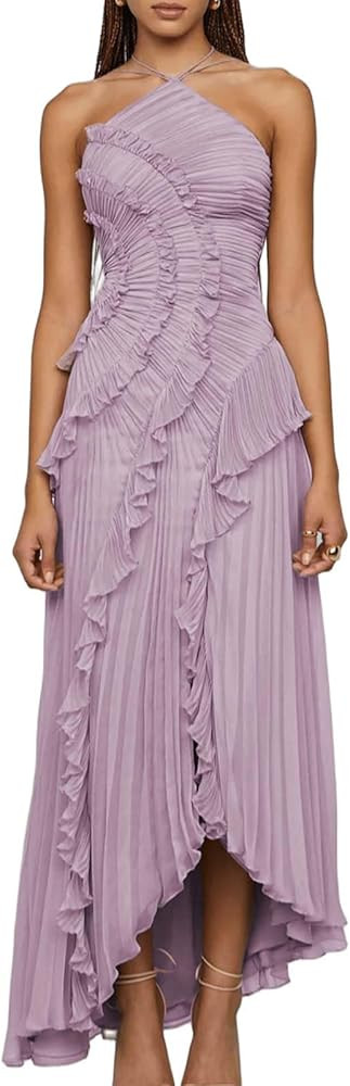 Halter Neck Ruffle Maxi Dress for Women Elegant Pleated High Low Asymmetrical Flowy Wedding Guest... | Amazon (US)
