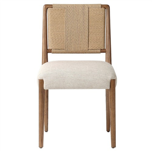 Ronan Coastal Beige Upholstered Seat Woven Rush Brown Oak Wood Dining Side Chair | Kathy Kuo Home
