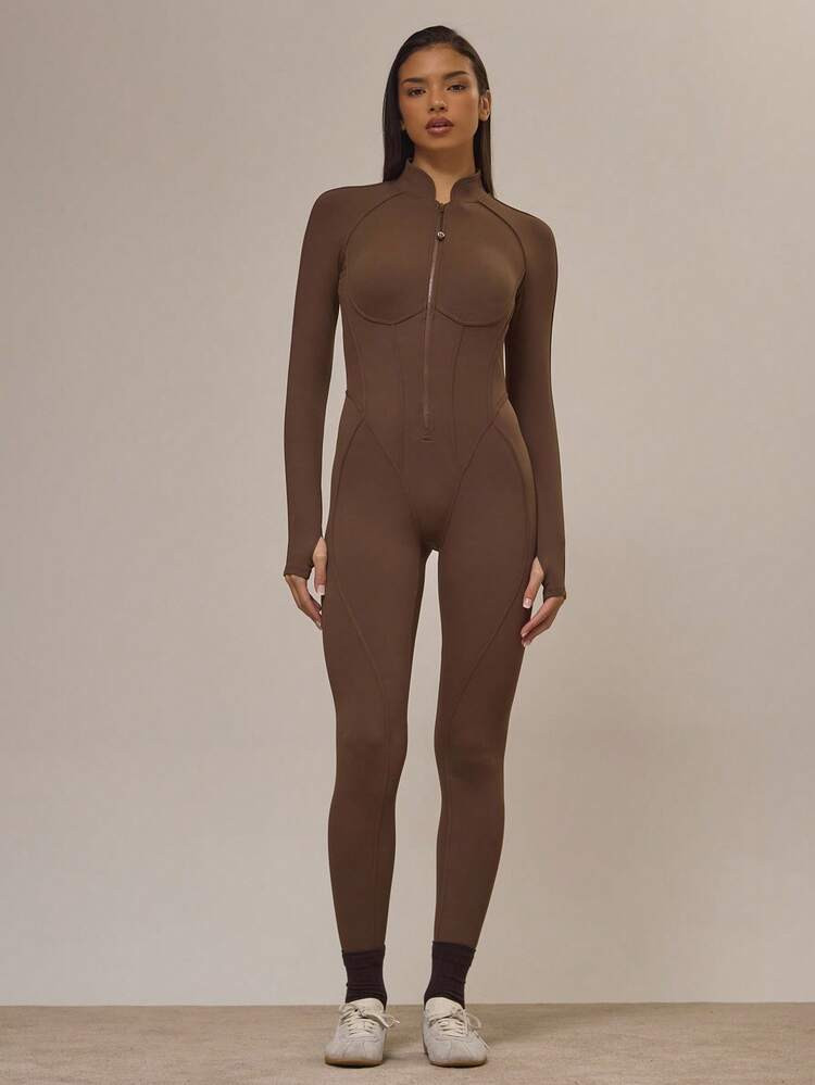 Musera Sport Tuta aderente con chiusura lampo sul retro, con profili a contrasto, adatta per atti... | SHEIN