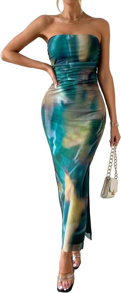 Milumia Women's Summer Tie Dye Strapeless Tube Dress Ruched Bodycon Maxi Dress | Amazon (US)