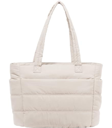 POPUTALLY Puffer Tote Bag for Women Quilted Work Tote with Compartments Quilted Puffy Handbag Shoulder Bag for Travel Work(Beige) | Amazon (US)