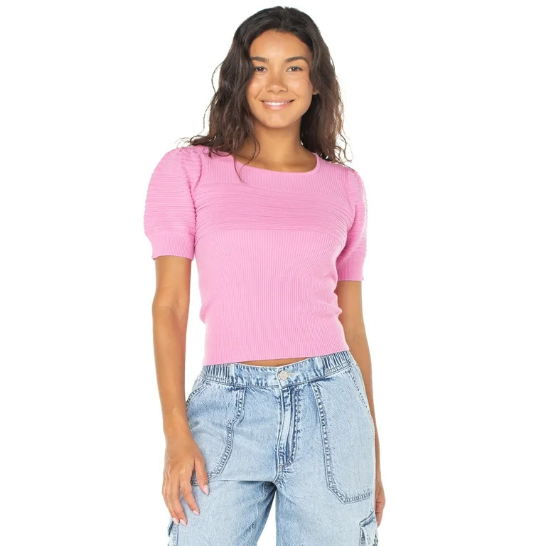 Celebrity Pink Short Sleeve Puff Sleeve Rib Sweater Top | Walmart (US)