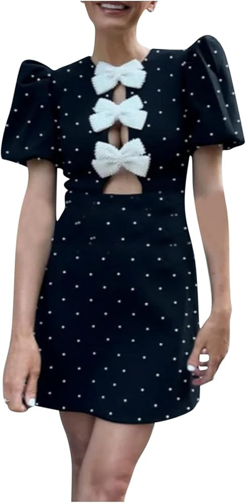 Women Hollow Out Bow Dress for O Neck Bodycon Dresses Female Party Elegant Sexy Slim Evening Form... | Amazon (US)