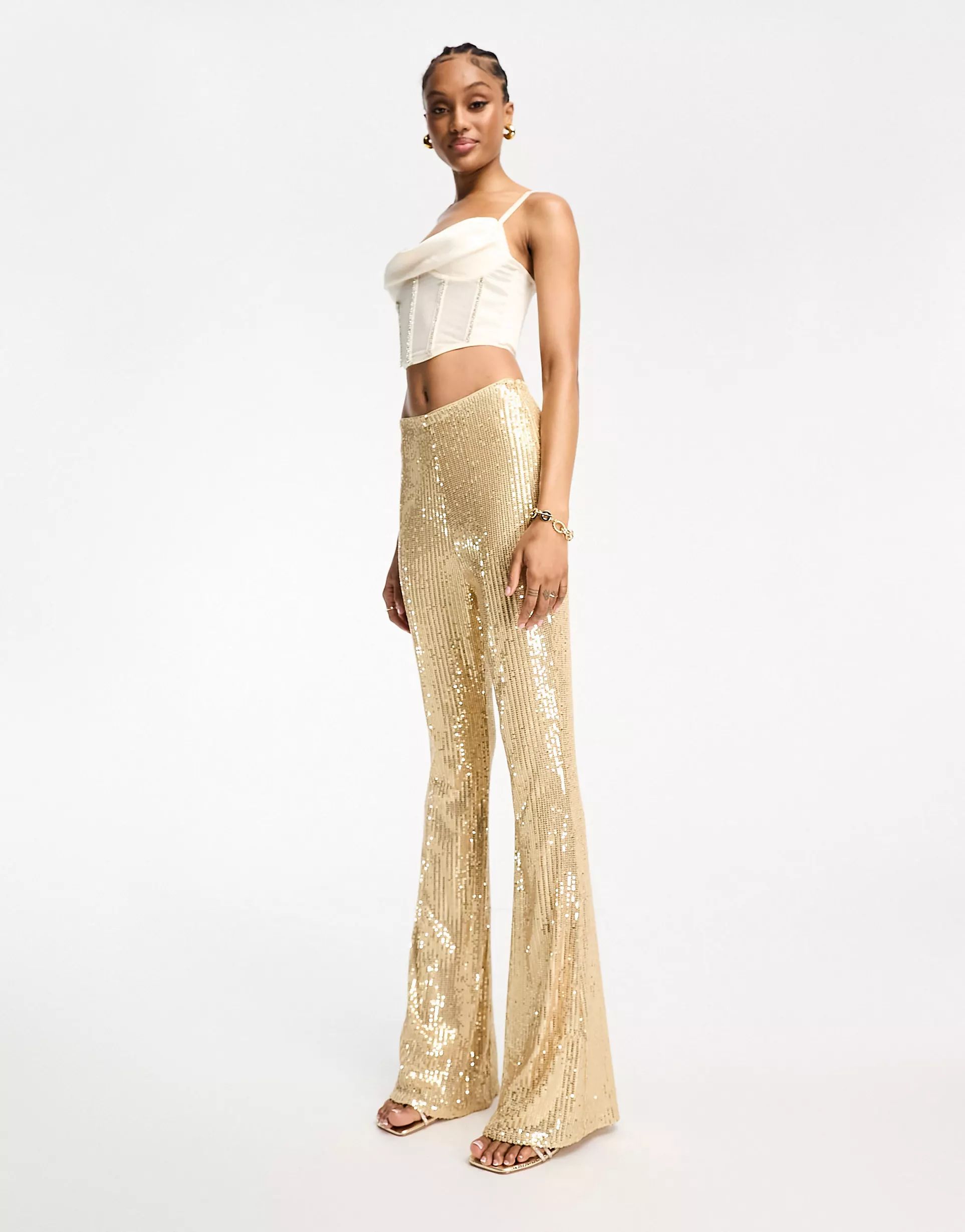 Jaded Rose Tall flared sequin flared trouser in gold | ASOS (Global)