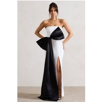 Sincerely | White Bandeau Split Maxi Dress With Oversized Black Bow | Club L London